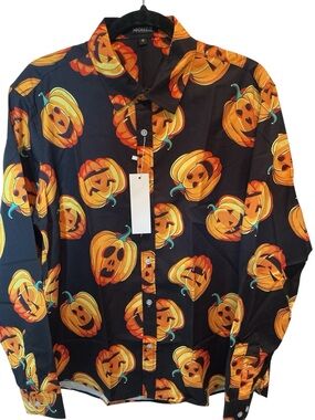 Halloween Jack-O-Lantern Mohez Collection Long Sleeve Shirt Button up MED Unisex